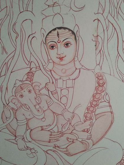 A fine line drawing capturing the divine bond of love and protection between Goddess Parvati and baby Ganesha. This sketch is the first step in creating a beautiful and emotional Mysore painting.