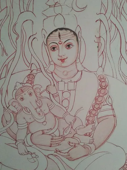 A fine line drawing capturing the divine bond of love and protection between Goddess Parvati and baby Ganesha. This sketch is the first step in creating a beautiful and emotional Mysore painting.