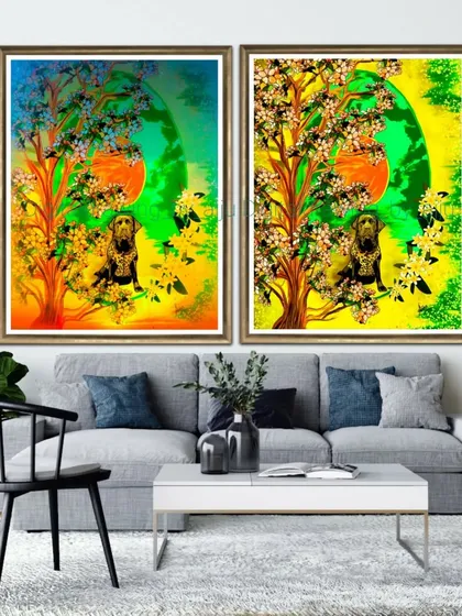 Two versions of the dog and tree painting, one with a warm color palette and one with a cool one.