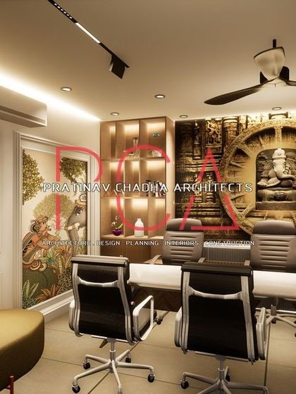 A different angle of the conference room render, highlighting the large, traditional Pichwai-style artwork.