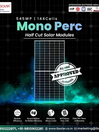 This graphic highlights the key features of our 545WP Mono PERC half-cut solar modules. With up to 21.21% module efficiency and a 30-year warranty, these ALMM-approved panels are built for performance and peace of mind.