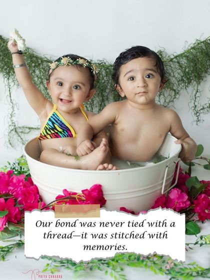 The bond between these two was stitched with memories from the very start. This fun milk bath shot captures the playful side of sibling love.