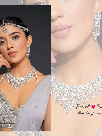 A detailed shot of the diamond necklace. The design is intricate yet feels light and modern, making it a perfect choice for a reception or sangeet look.