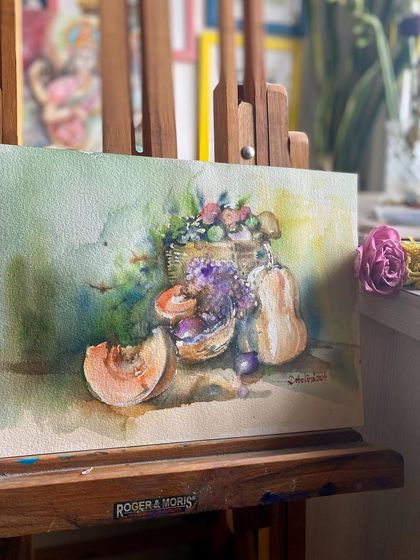 A watercolor still life of fruits and vegetables from my latest works. The play of light and the mix of colors and textures in a simple basket of produce is always a joy to paint.