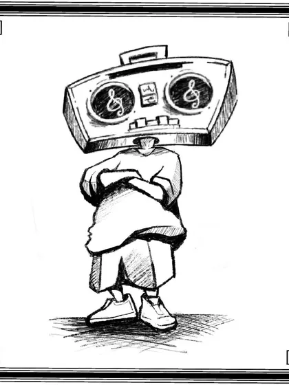 A character design straight from my blackbook, featuring a figure in baggy clothes with a classic boombox for a head. This piece is a tribute to old-school hip-hop culture and is available as a flash tattoo.