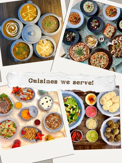 A collage showcasing the different cuisines I serve. It's a snapshot of the global culinary journey I offer, from Indian and Italian to Mezze platters.