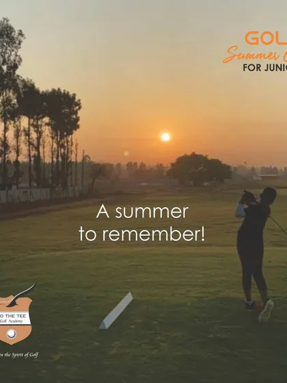 We believe in nurturing a lifelong passion for golf from a young age. A junior golfer takes a practice swing against a beautiful sunset, capturing the spirit of dedication we foster in our summer camps.