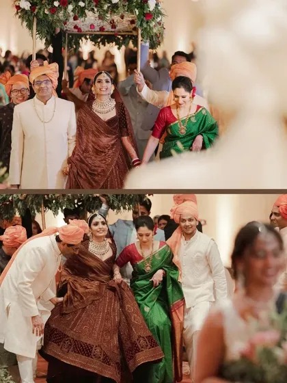A collage showing the bride's emotional entry with her parents, a significant and touching part of the wedding day.