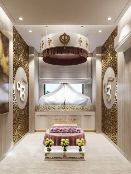 I designed this prayer room as a modern sacred space for quiet devotion. It features intricate jaali panels, symbolic Khanda motifs, and soft, layered lighting to create an atmosphere of spiritual tranquility and reverence.