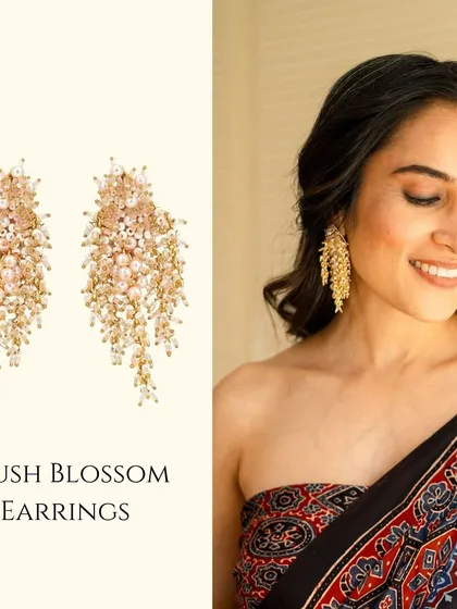Our Blush Blossom Earrings are a perfect accessory for Rakhi, pairing beautifully with this traditional printed saree.