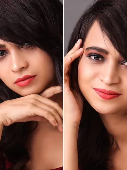 A color version of the beauty shoot, showing two different expressions. A good portfolio includes both color and monochrome images to show versatility.