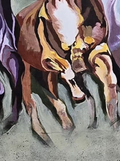 A close-up of the running horses, focusing on their powerful legs and the dust they kick up. The sense of motion is key to this piece.