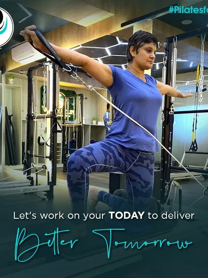 We work on your today for a better tomorrow. This client is using the tower to work on her back and arm strength, with a focus on controlled, deliberate movements.