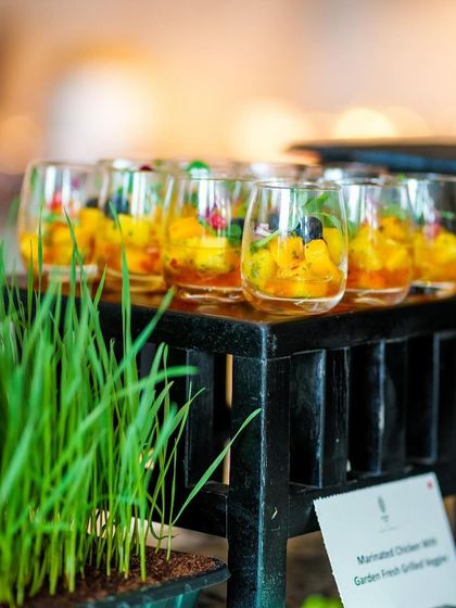 Artfully presented appetizers in small glasses, part of the extensive and elegant spread at our anniversary brunch.