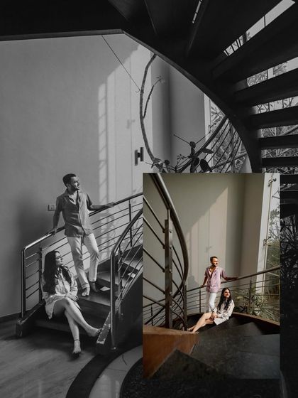 A stylish collage of the couple on a modern spiral staircase. The play of light and shadow, combined with black and white, creates a very architectural and chic look.