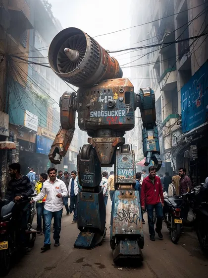A 'Smogsucker' walks through a crowded market street. I like to place these massive sci-fi elements directly into the chaos of everyday Indian life to see what happens.