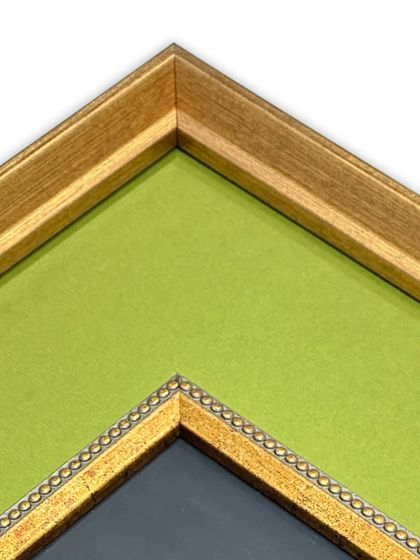 A close-up of the framing choices for the Krishna artwork. The inner golden fillet adds a layer of detail that separates the art from the mat, while the antique gold HDPS frame provides a luxurious finish.