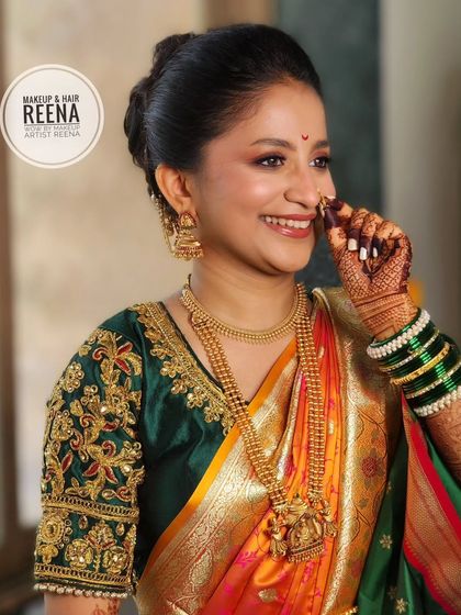 A smile that lights up the room. For my gorgeous bride Aditi, I created a classic Maharashtrian look with an intricate bun, a traditional Nath, and makeup that felt both timeless and fresh.