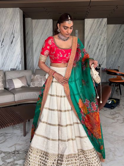 A full view of my repurposed Roka lehenga. By swapping the dupatta and jewelry, I was able to give this beautiful Sabyasachi piece a whole new life.