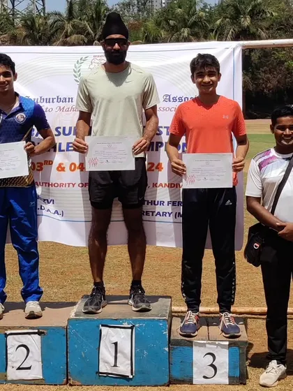 The 100m podium at the Mumbai Suburban Senior District meet. It was great to see Sahib Singh make a strong comeback after 5 years to win Gold.