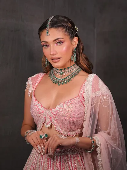 The full look. The pink and green color palette is fresh, modern, and perfect for a day wedding or mehendi.