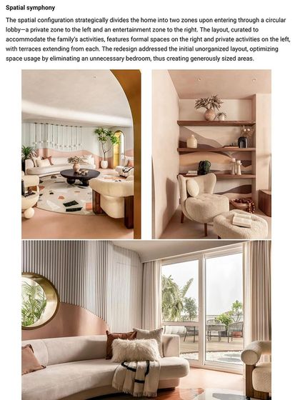 This spread from Architect & Interiors India showcases the living room and reading nook, describing the project as a "spatial symphony."