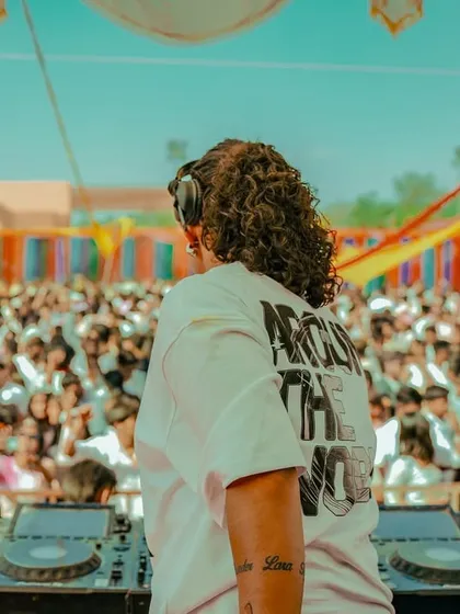 A view from behind me, facing the massive, colorful crowd at the Ranchi Holi festival.