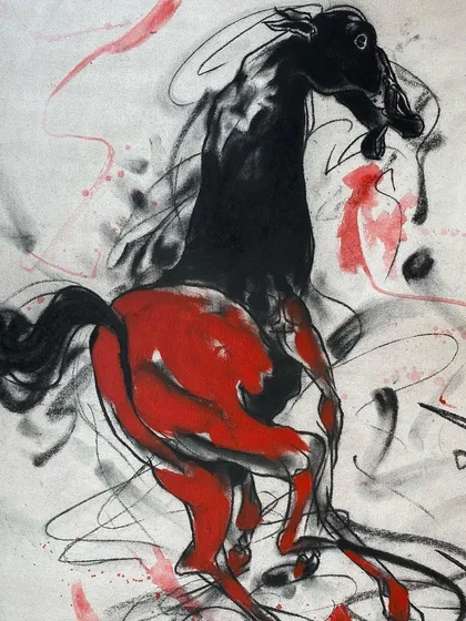 This mixed-media on canvas by Sunil Das captures the energy and spirit of a horse. Das was famous for his series on horses and bulls, and this 2007 piece is a fantastic example of his expressive and forceful style.