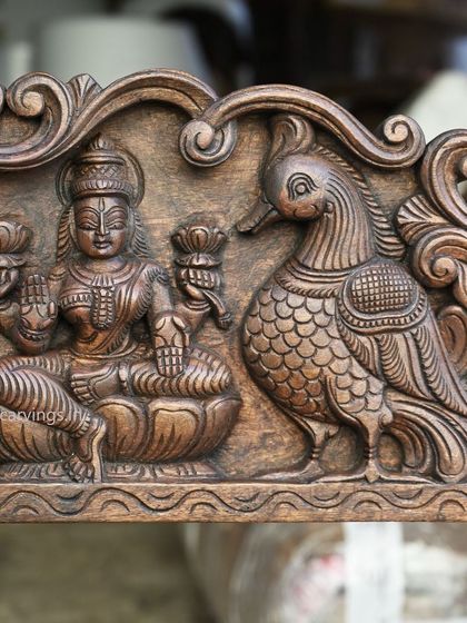 Detail from a 42-inch horizontal panel, showing Goddess Lakshmi seated beside a Hamsa bird.