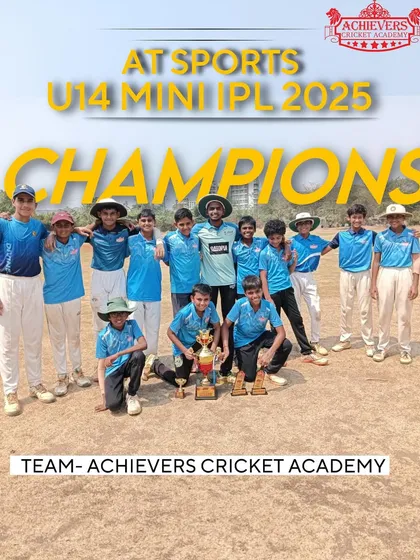 Champions! A graphic celebrating our U-14 team's victory in the AT Sports Mini IPL 2025.