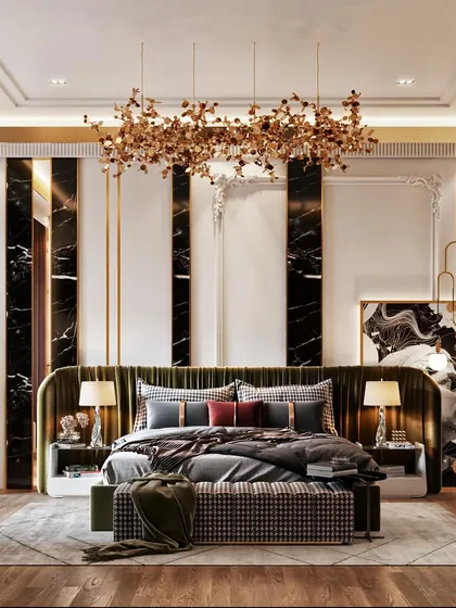 A master bedroom visualization that blends bold materials like black marble and gold accents with sophisticated lighting. The design features a custom headboard, an elaborate chandelier, and a cohesive, opulent aesthetic.