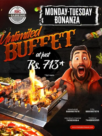Big bites, bigger vibes. Dive into our unlimited buffet for just ₹713 with our Monday and Tuesday Bonanza.