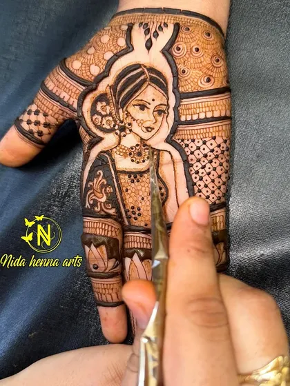 A close-up of the bride portrait from a demo session, showing the application of fine details with the henna cone.