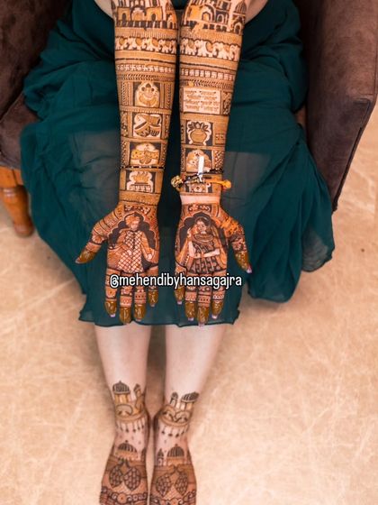 A complete bridal story from hands to feet. This design features bride and groom portraits on the palms, with narrative panels on the arms and complementary architectural motifs on the feet.