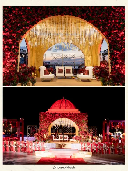 A day-and-night view of the Royal Rajputana mandap, highlighting its grandeur under the sun and its dramatic transformation after dark, complete with a view of the sea.
