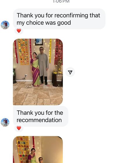 A happy client confirming her choice was good. It's always a pleasure to help you find the perfect saree.