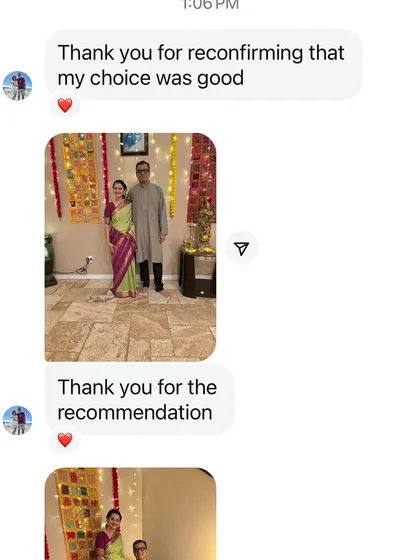 A happy client confirming her choice was good. It's always a pleasure to help you find the perfect saree.