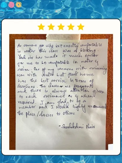 A handwritten testimonial from a member who was not comfortable in the water. She praises our coach and the cleanliness of our facility.