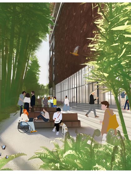 A rendering of a social space within the Centre of Excellence proposal. The design provides universally accessible pathways that wind through bamboo groves, creating inclusive areas for rest and interaction.