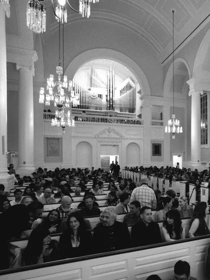The audience filling the pews at All Souls NYC. It was a powerful sight to see a historic church become a space for meditation and Indian classical music, showing how music can bridge cultures and beliefs.