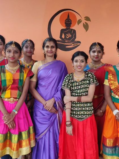 Our wonderful Bharatanatyam students after their exams. Their colorful costumes and bright smiles reflect the joy and discipline they bring to their dance.