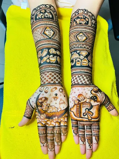 Celebrating a new beginning with this special baby shower mehndi. We designed it with cute baby elements, a cradle on the moon, and blessings for the mom-to-be, making it a memorable part of her celebration.
