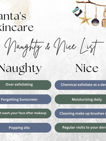 Are you on Santa's skincare naughty or nice list? This fun guide shows the habits to adopt for healthy skin, like regular dermatologist visits and always using sunscreen.
