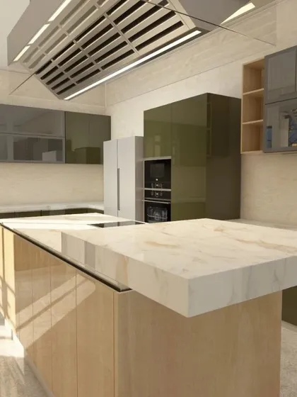 This is a 3D render for a large 12 by 23 feet kitchen. The design includes a spacious island with a marble-finish countertop, olive green high-gloss cabinets, and integrated appliances.