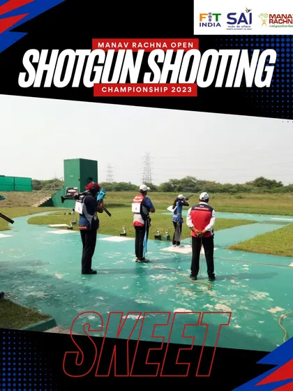 The Skeet event in action at the Manav Rachna Open Shotgun Shooting Championship 2023, held at the Dr. Karni Singh Shooting Ranges.