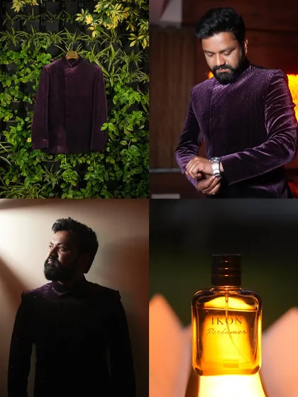 Our fashion photography extends to menswear. This collage showcases a men's velvet bandhgala jacket, capturing it as a flat lay, on the model in different poses, and alongside related accessories for a complete product story.