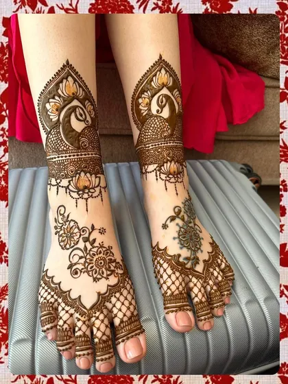 A unique and artistic foot design combining traditional peacock and floral motifs with modern, graphic net patterns for a truly custom look.