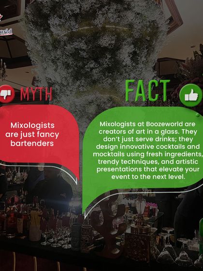 This graphic busts the myth that mixologists are just fancy bartenders. It explains that our mixologists are creators of art in a glass, using innovative techniques and fresh ingredients to elevate your event.