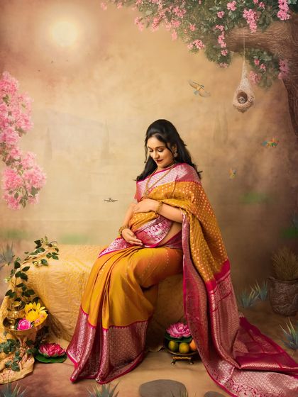 A fine art maternity portrait featuring a mother-to-be in a gorgeous mustard and pink silk saree. The painterly backdrop with blooming trees adds a touch of magic and serenity to the scene.