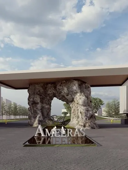 The entrance to a community sets the tone for the life within. For the 'Ameeras' township, we designed a monumental entrance featuring a natural rock formation under a modern cantilevered roof. This gateway makes a powerful statement about the fusion of nature and sophisticated design that defines the entire master plan.